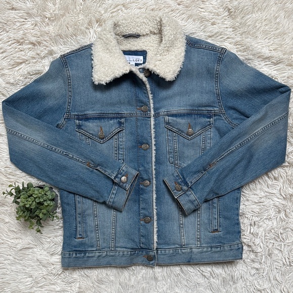 🎉2X HP🎉 Loft Jean Jacket with Sherpa Lining 💗 Blue & Ivory - Picture 3 of 15